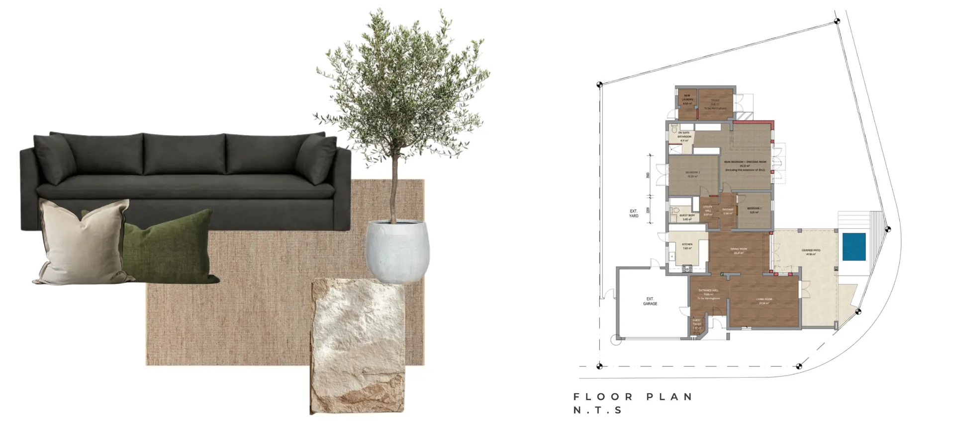 Shiraz Crescent concept board with sofa, jute rug, olive tree and the house floor plan