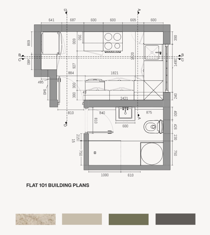 Flat 101 building plans showing the reworked bathroom layout