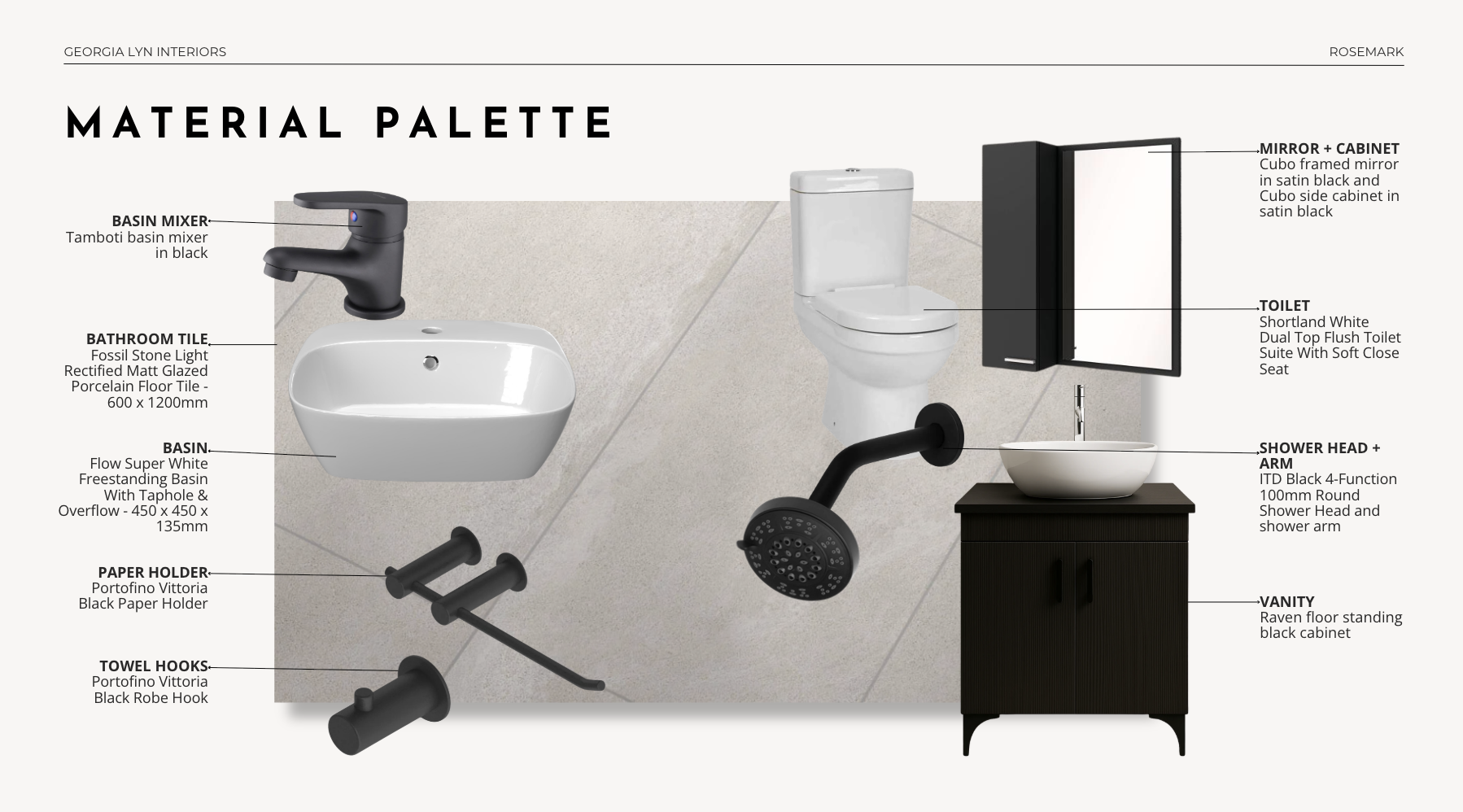Rosemark material palette board with matte black fittings, stone-look porcelain tile and a fluted black vanity