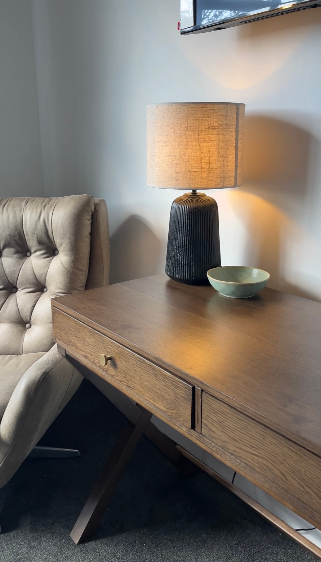 Oak writing desk with buttoned leather chair in the guest suite