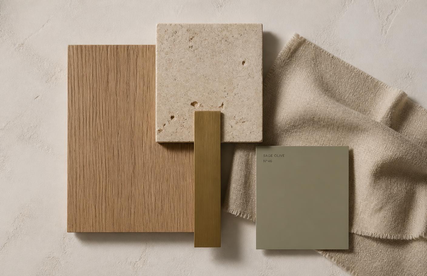 Material samples of oak, travertine, brass and linen